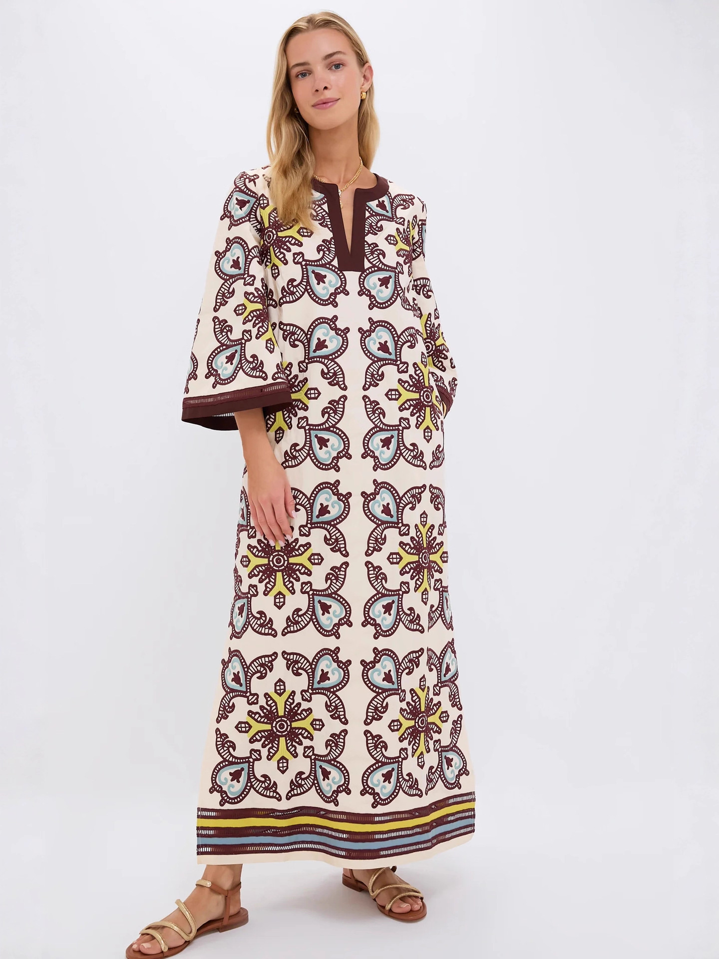Fashion Printed Linen Blend A-Line Dress with Bell Sleeves