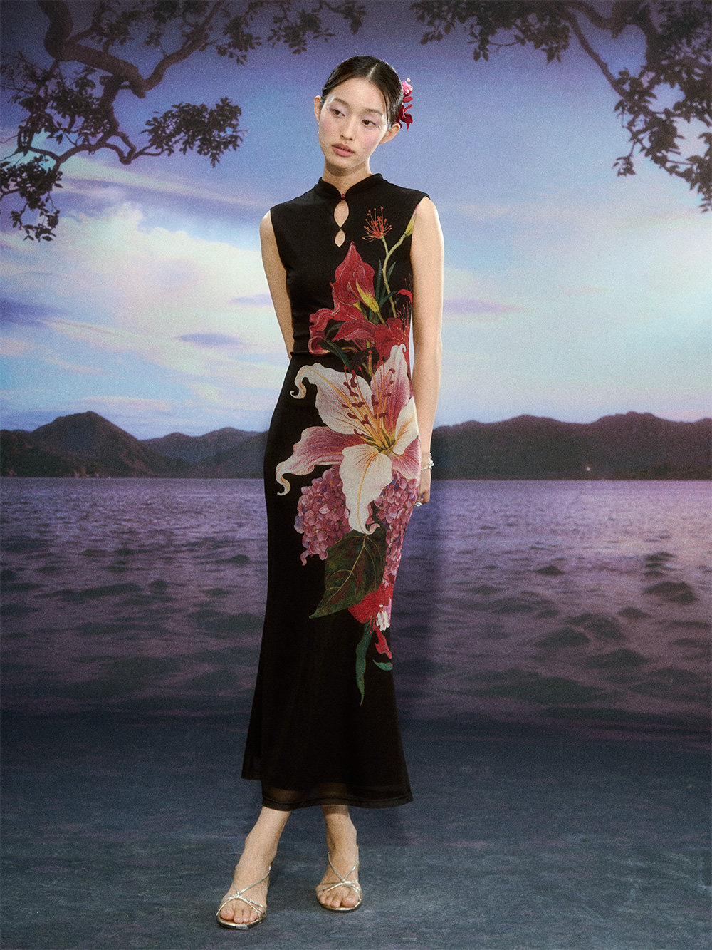 Floral Gradient Mesh Cheongsam Dress - Image 3