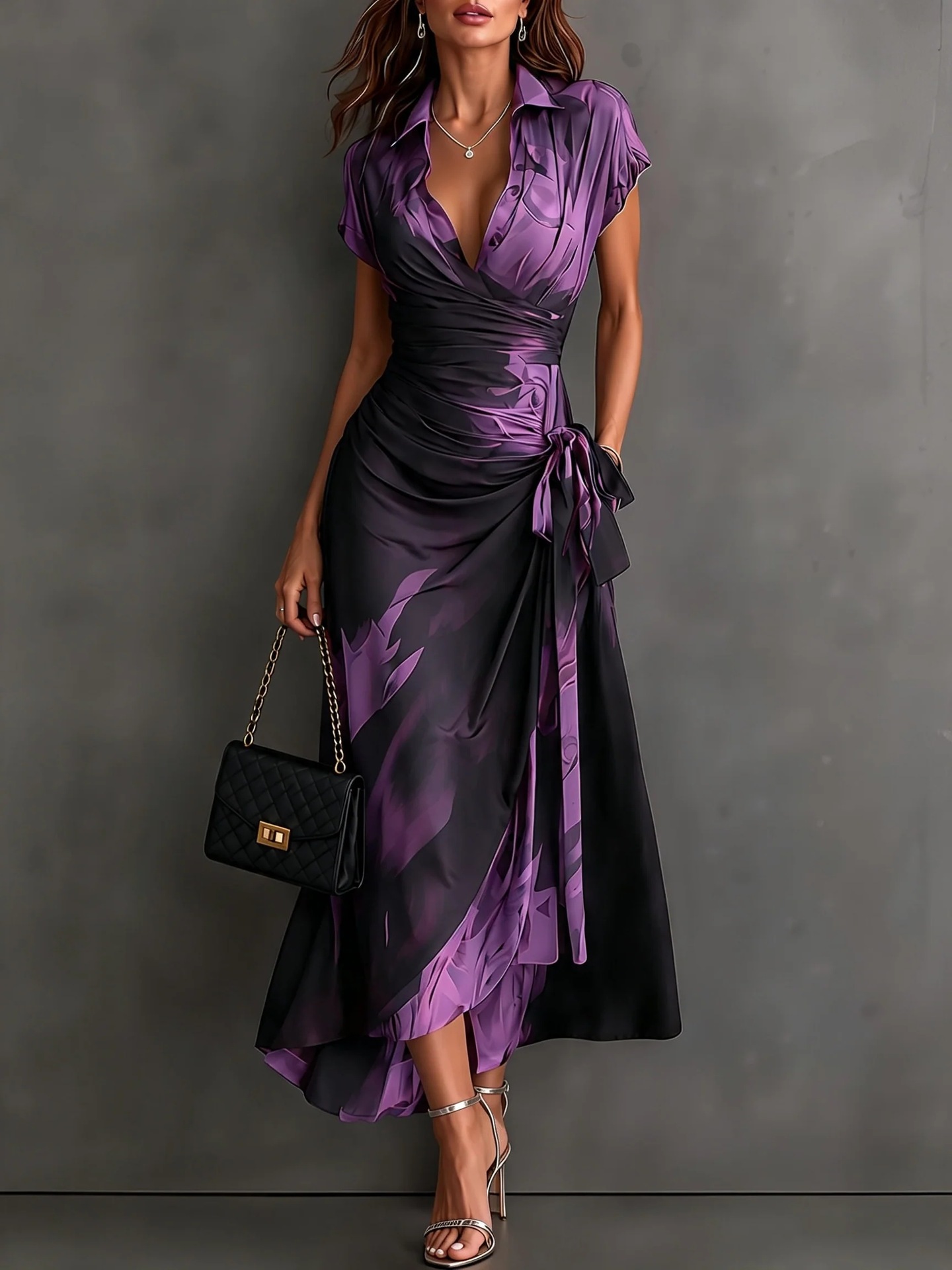 Womens Ink Print Wrap Dress with Collar Short Sleeves High Waist Tie Side Slit - Image 2