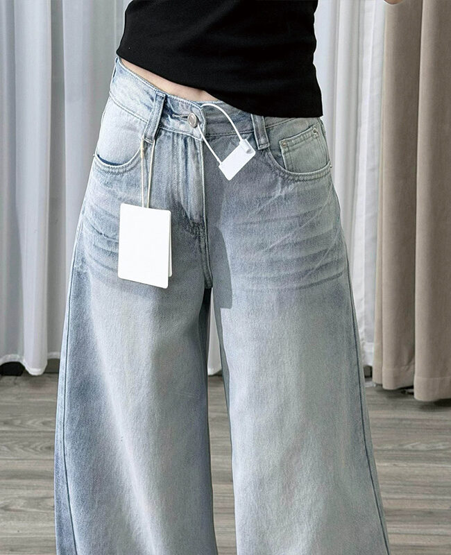 The Florine Retro Blue High Waist Wide Leg Distressed Denim Jeans Detail – La Rose Couture Trousers & Skirts