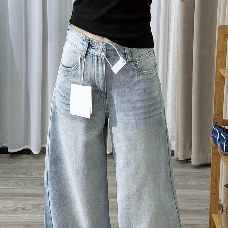 Retro Blue High-Waist Wide-Leg Distressed Denim Jeans for Women - Image 2