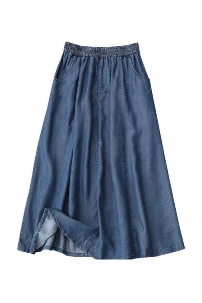 The Coralie Mid Length New Style Patchwork Casual Denim Skirt Detail – La Rose Couture Trousers & Skirts
