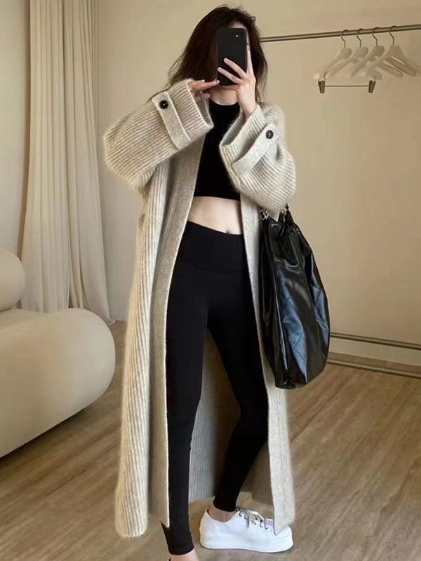 Womens Long Knitted Cardigan with V-Neck - Image 3