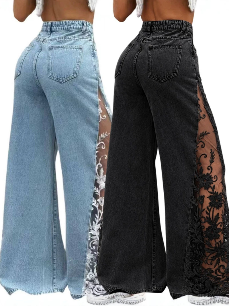 Womens Stretch Denim Wide-Leg Pants - Image 4