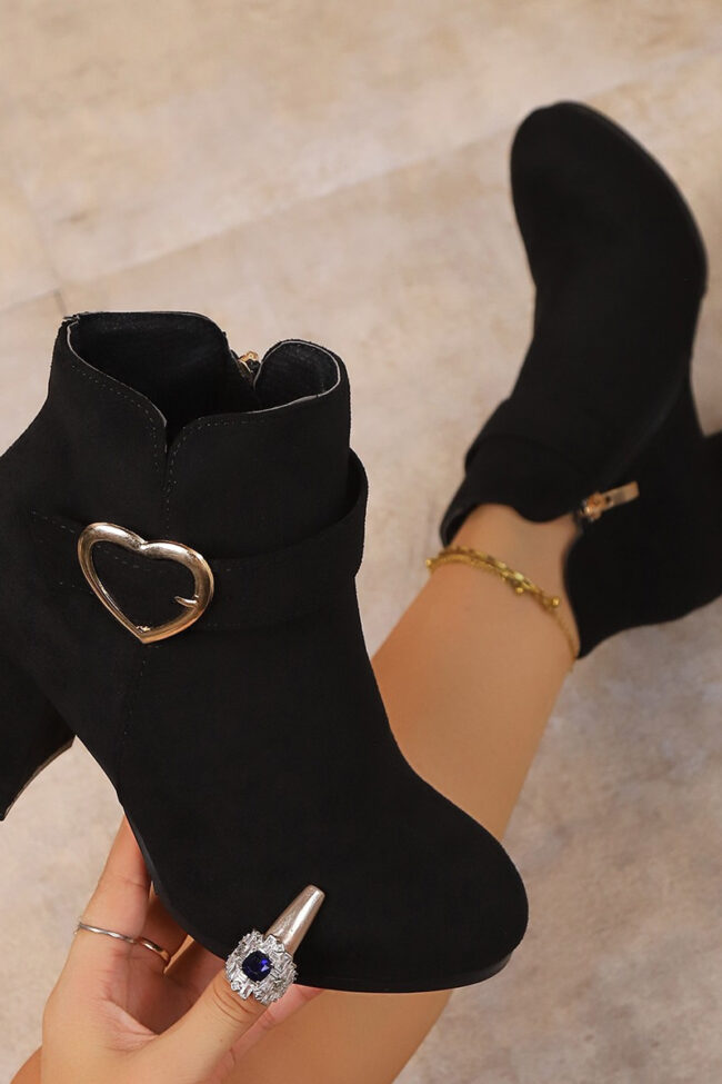 The Daphne Suede Thick Heel Boots with Metal Buckle and Side Zipper Detail – La Rose Couture Shoes & Footwear