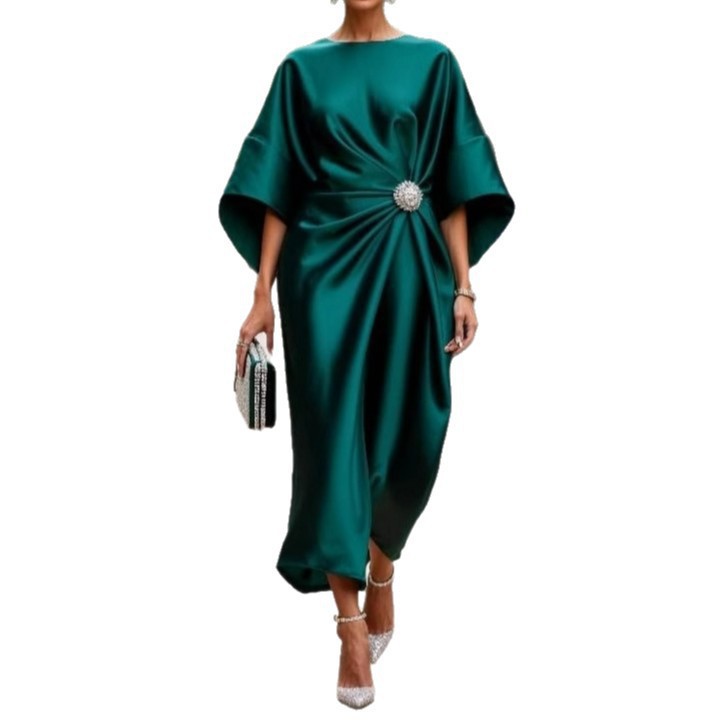 Womens Elegant Beaded Floral Satin Designer Dress - Image 5