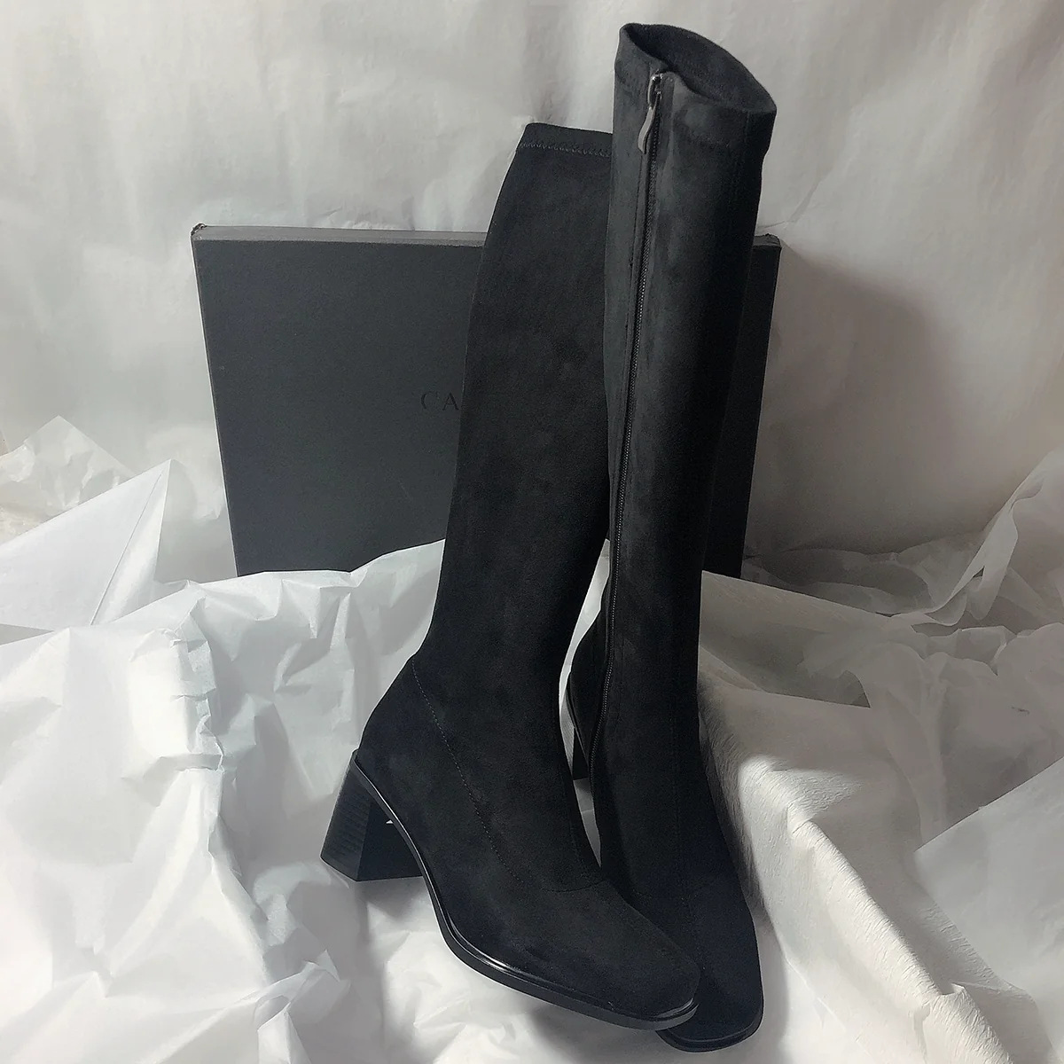 Womens Suede Chunky Heel Pointed Toe Long Boots - Image 3