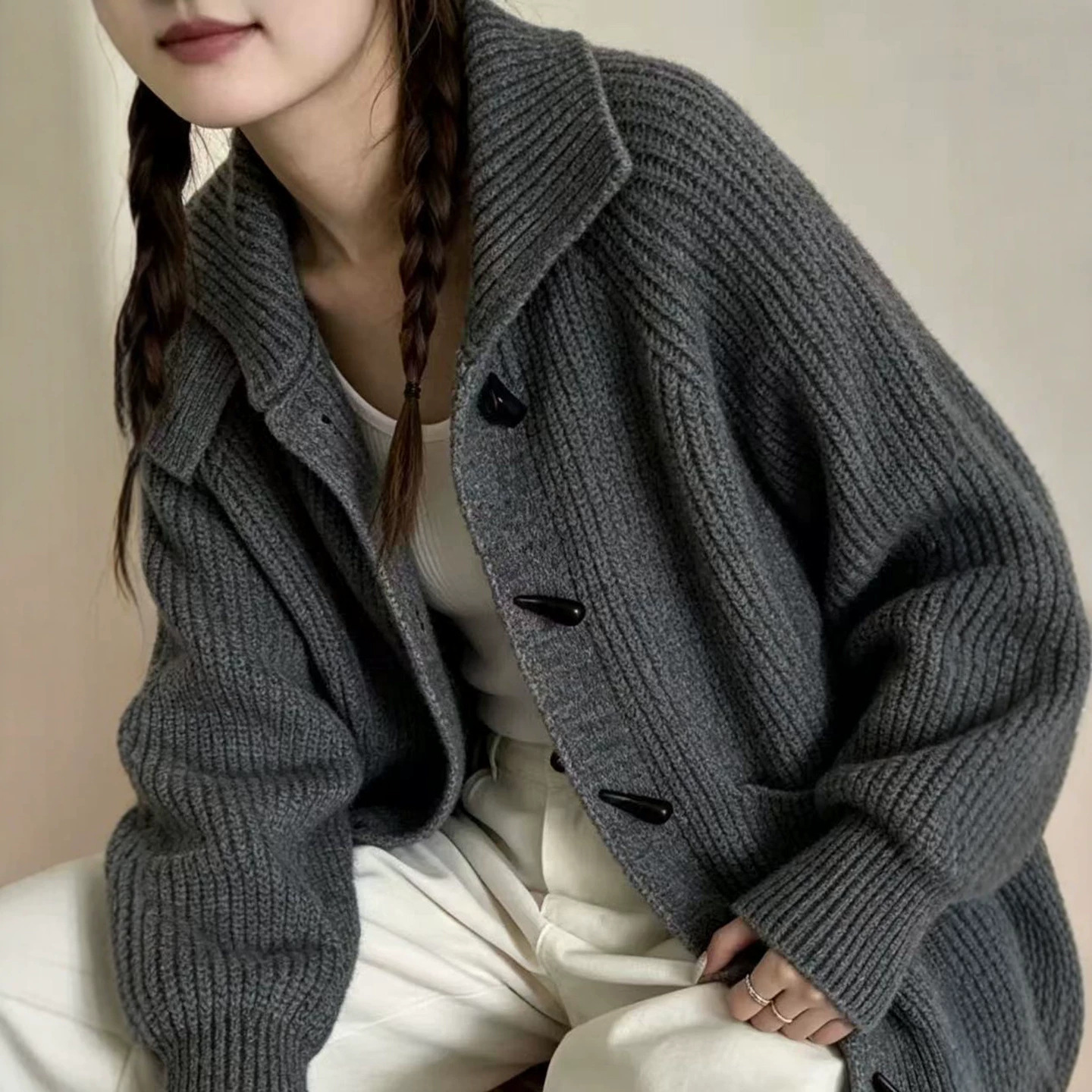 Women Knitted High Collar Cardigan Horn Button Thick Sweater - Image 3