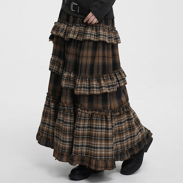 Retro Plaid High-Waisted Long Skirt with Irregular Hem - Image 4