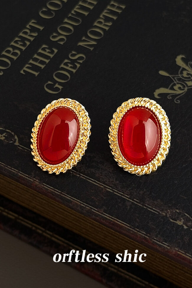 French Vintage Gold Plated Wine Red Oval Resin Stud Earrings Detail – La Rose Couture Jewellery & Accessories