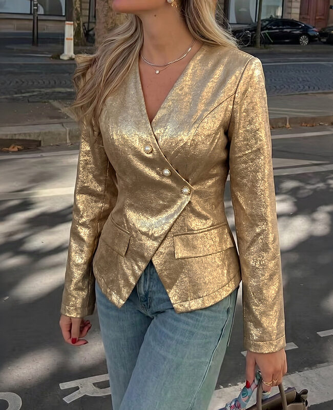 The Yvette Vintage Gold V Neck Slim Fit Long Sleeve Blazer Detail – La Rose Couture Coats & Jackets