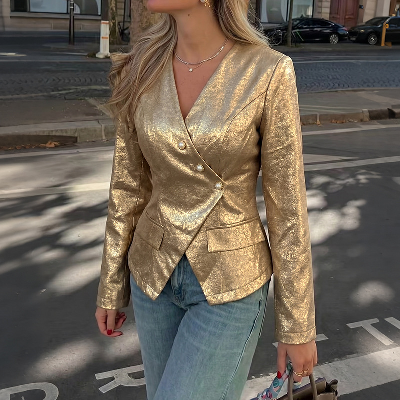 Women Vintage Gold V-Neck Slim Fit Long Sleeve Blazer - Image 2