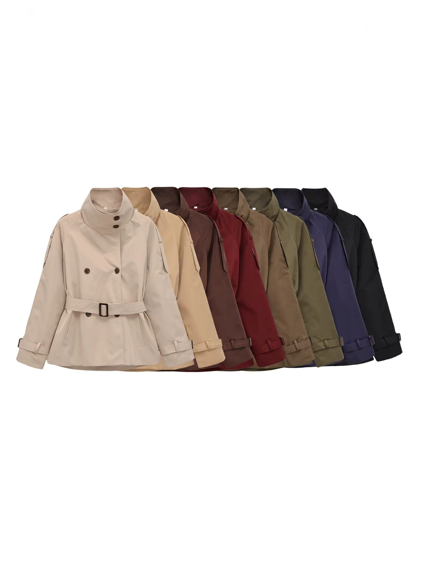 Women's Double-Breasted Stand Collar Belted Long Sleeve Short Trench Coat