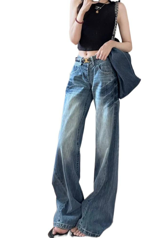 Vintage Washed Blue Wide Leg Denim Pants Detail – La Rose Couture Trousers & Skirts