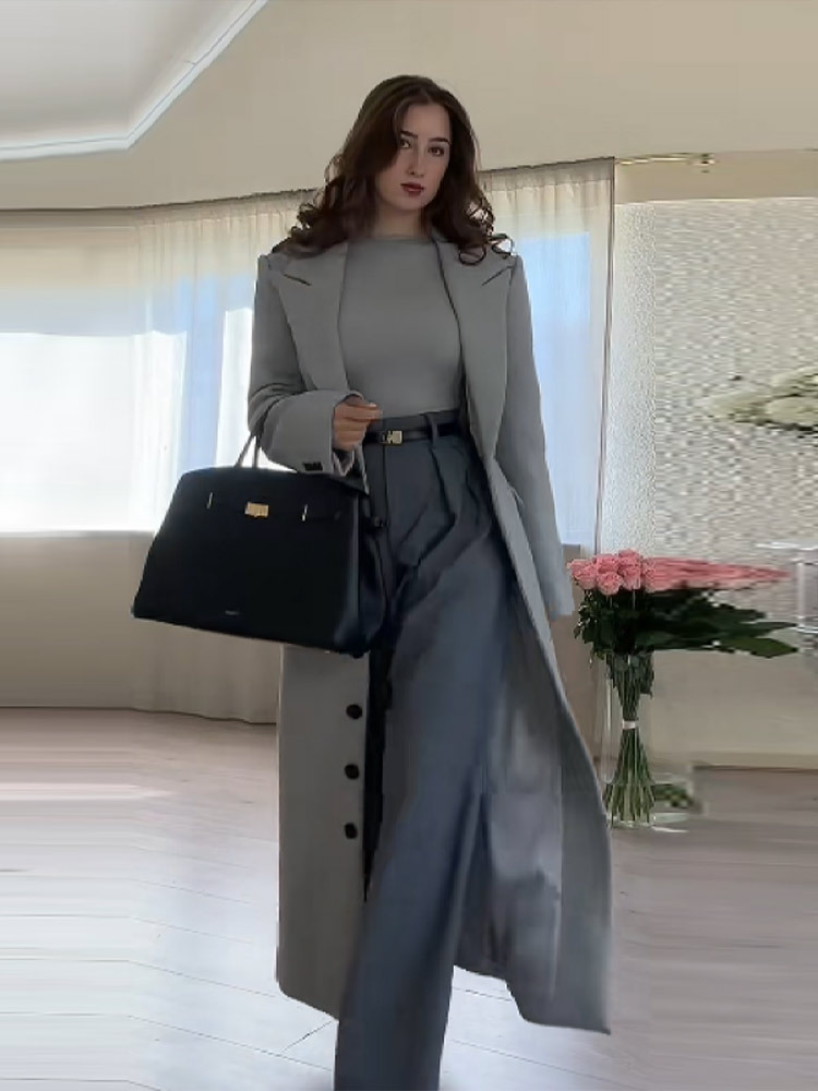 spring new lapel solid color single-breasted slim long coat - Image 5
