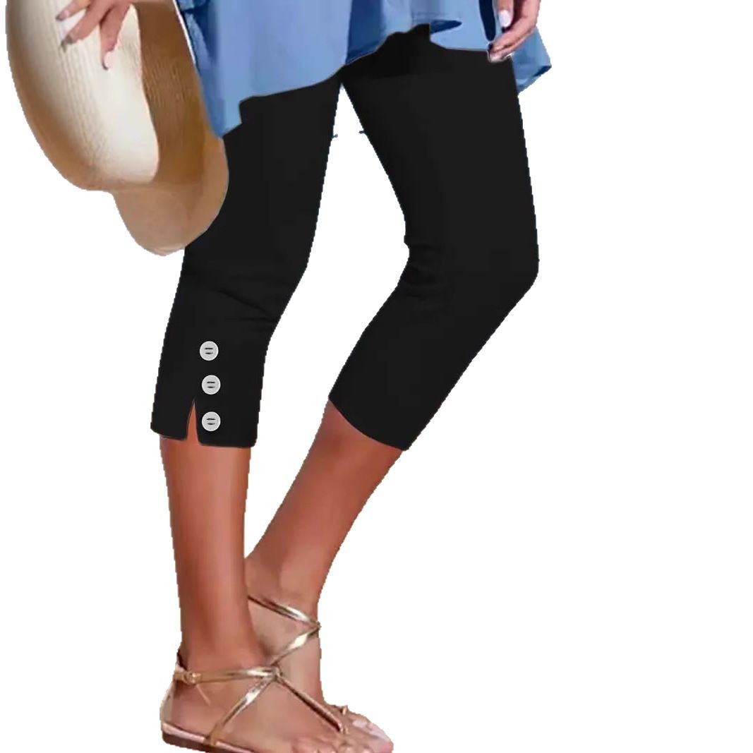 Women's mid-thigh elastic buttoned decorative capri pants - Image 2