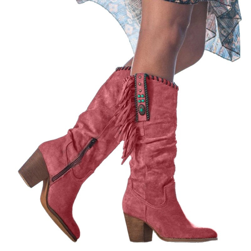 Womens Suede Tassel Chunky Heel Boots - Image 5
