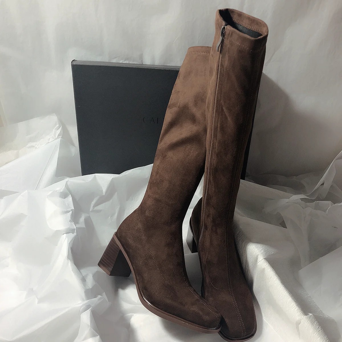 Womens Suede Chunky Heel Pointed Toe Long Boots