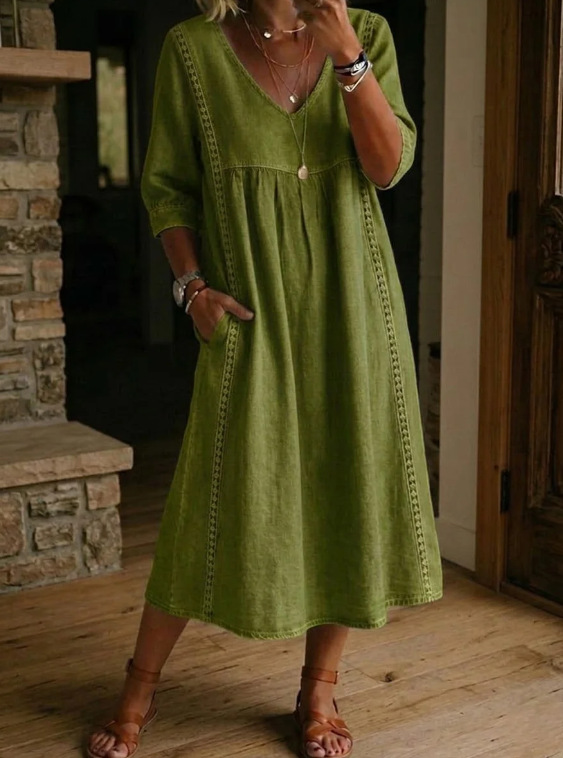 Womens Casual Loose V-Neck Lace Trim Dress - Image 4
