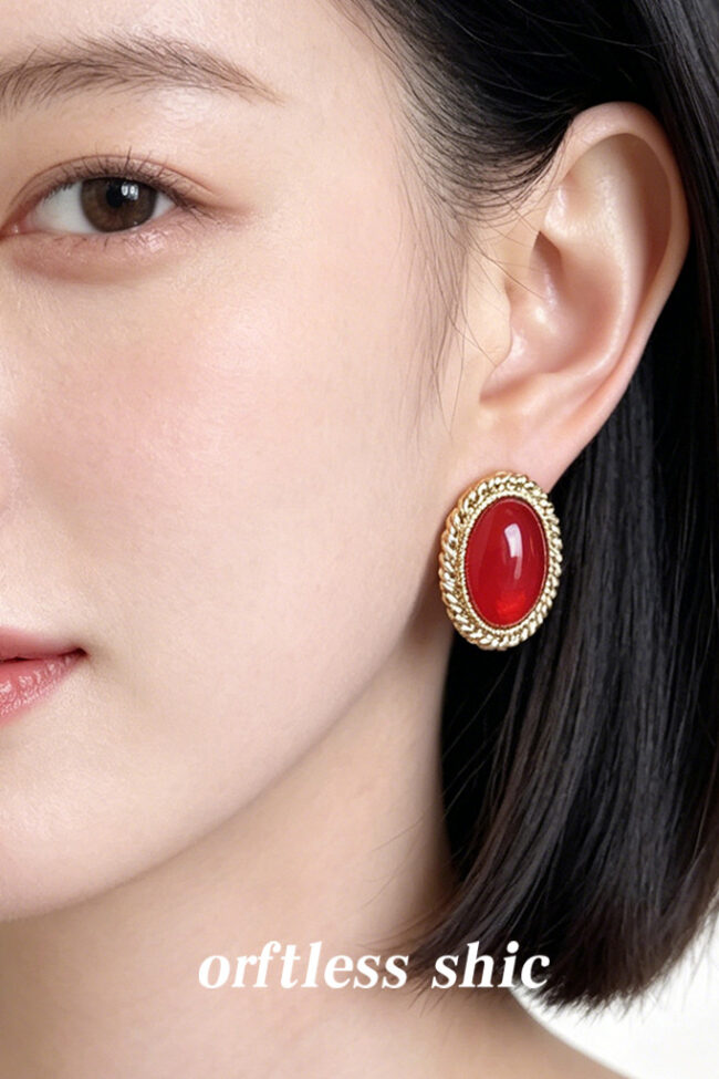 French Vintage Gold Plated Wine Red Oval Resin Stud Earrings Detail – La Rose Couture Jewellery & Accessories