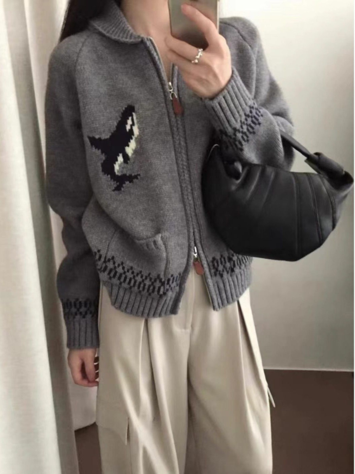 Women's Zipper Lapel Jacquard Knitted Sweater Cardigan - Image 2
