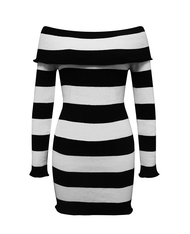 The Pascaline Striped Off Shoulder Knitted Dress Detail – La Rose Couture Dresses & Gowns