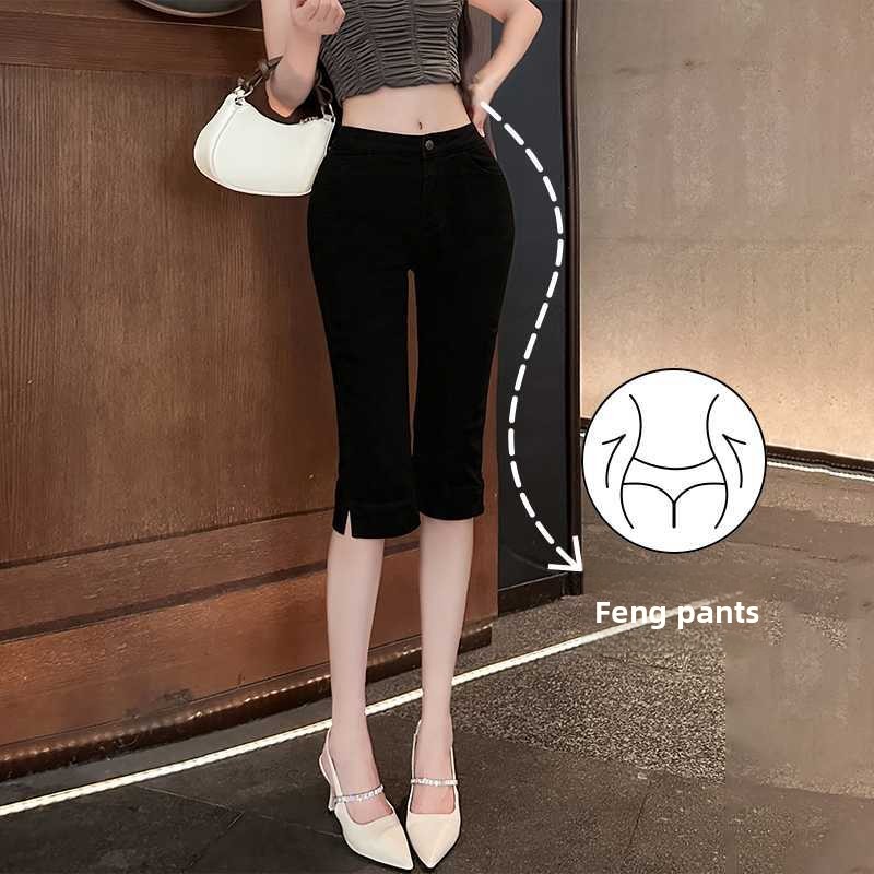 Stretch Denim Capri Pants with Side Slit - Image 3