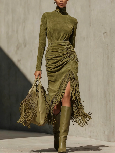 Elegant Tassel Suede Dress - Image 4