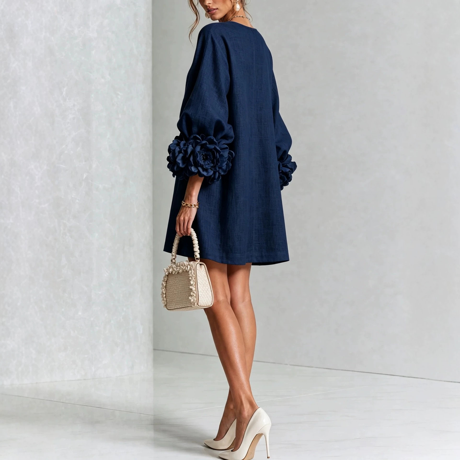 French Floral Cotton Linen A-Line Dress - Image 4