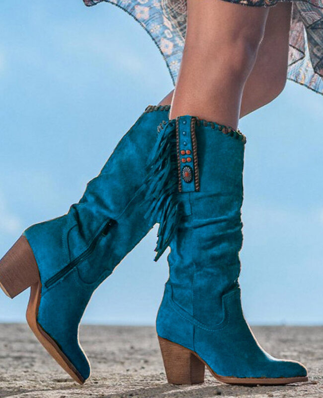 The Sibylle Suede Tassel Chunky Heel Boots – La Rose Couture Shoes & Footwear