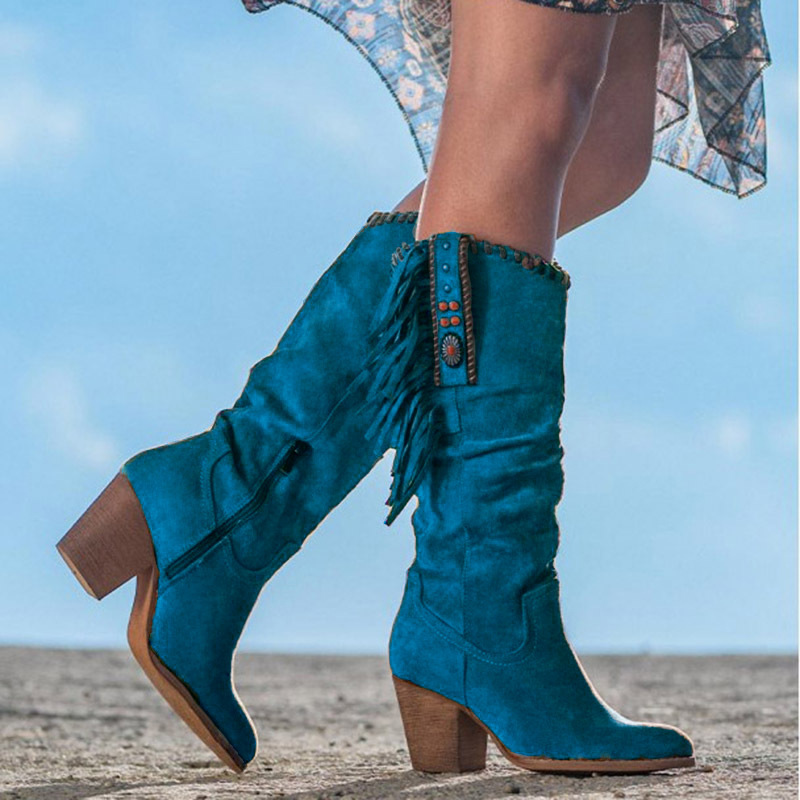 Womens Suede Tassel Chunky Heel Boots