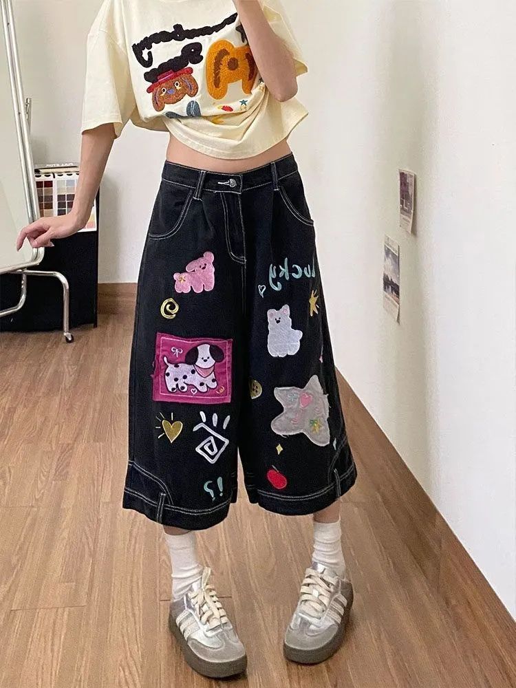 Womens Embroidered Denim Wide Leg Cropped Pants - Image 2