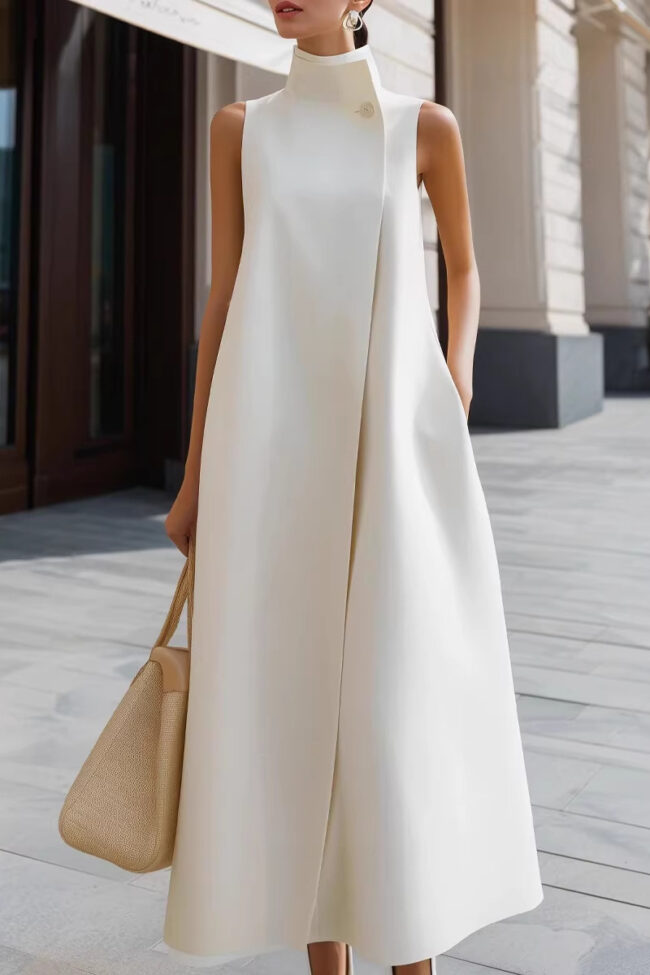 The Virginie Elegant Stand Collar Button Vest Dress – La Rose Couture Dresses & Gowns