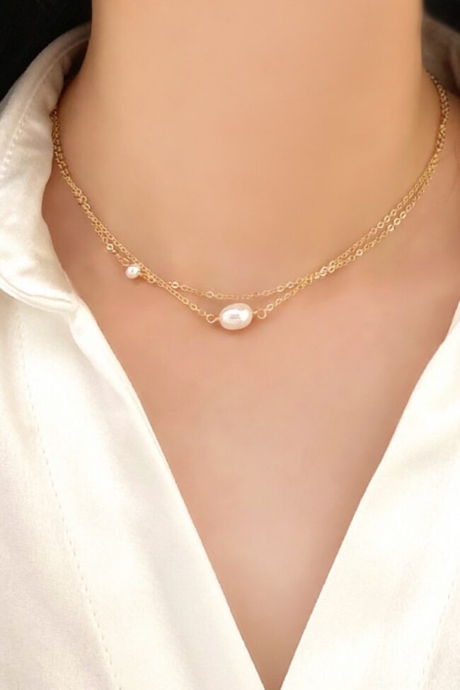 The Valerie Stainless Steel Double Layer Irregular Freshwater Pearl Clavicle Chain Necklace Detail – La Rose Couture Jewellery & Accessories