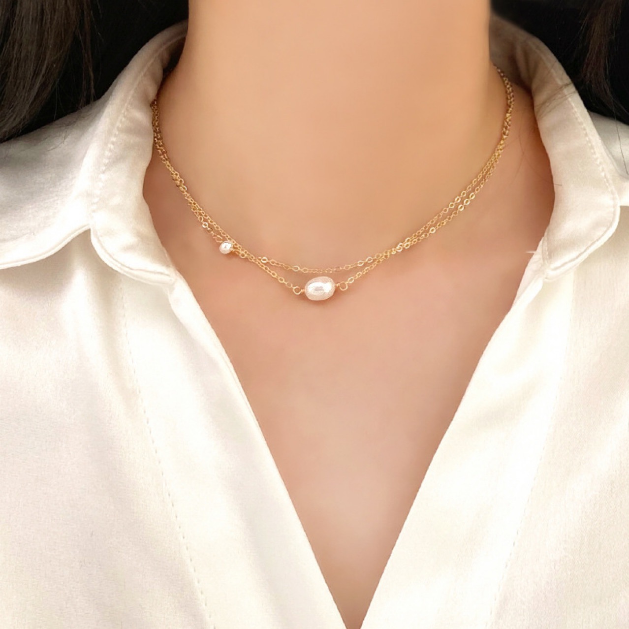 Stainless Steel Double-Layer Irregular Freshwater Pearl Clavicle Chain Necklace - Image 2