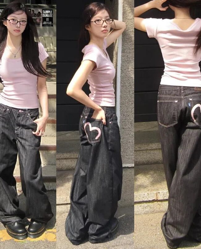 The Fabienne Loose Flared Denim Pants with Heart Pocket Detail – La Rose Couture Trousers & Skirts