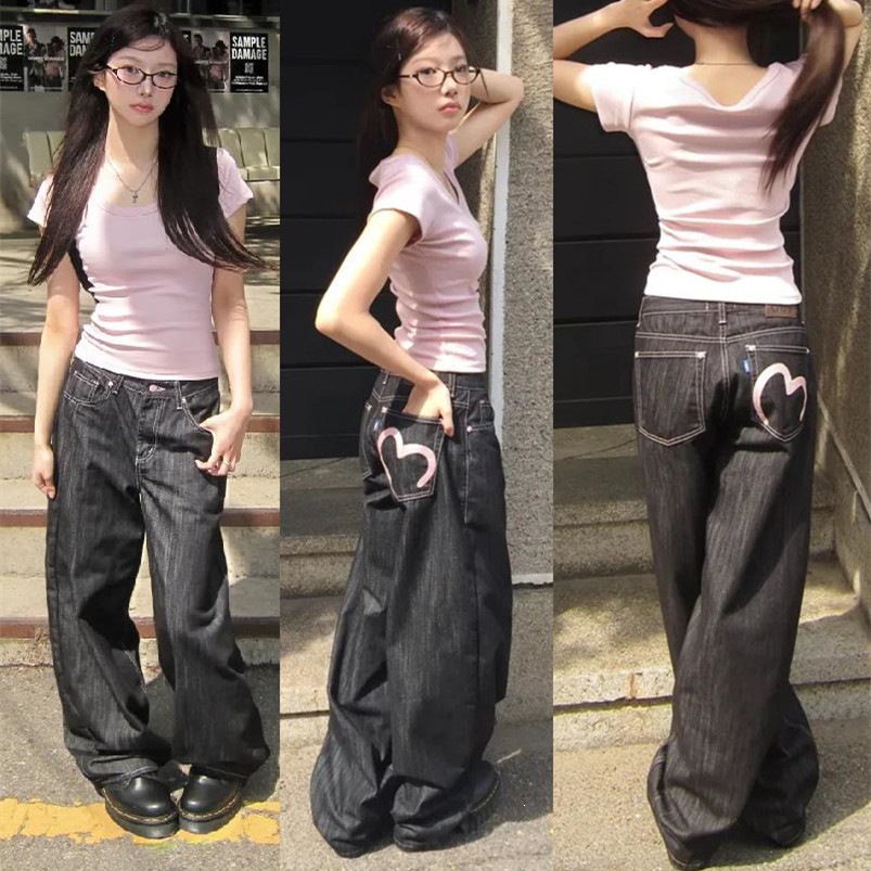 Loose Flared Denim Pants with Heart Pocket - Image 5