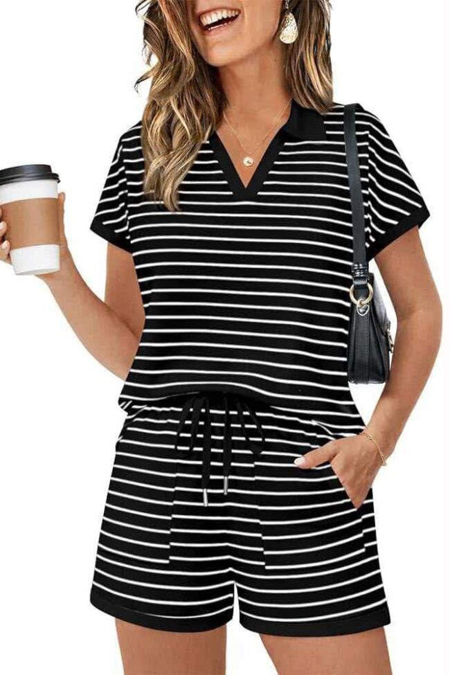 Striped Short Sleeve Color Blocking Two Piece Set Detail – La Rose Couture Trousers & Skirts