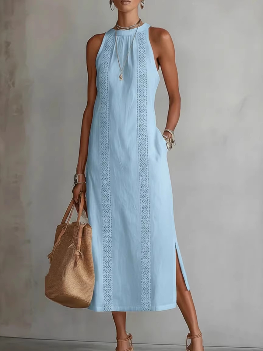 Womens Halter Neck Lace Patchwork Sleeveless Dress - Image 4
