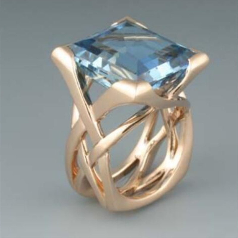 Gold Hollow Geometric Ring with Square Blue Zircon Inlay for Unisex - Image 2