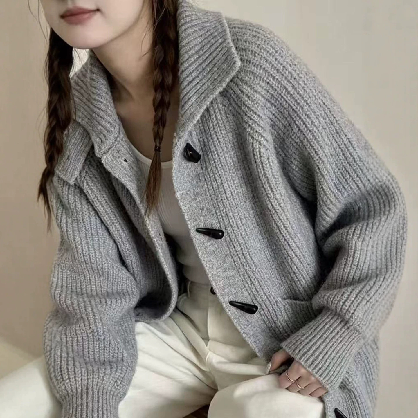 Women Knitted High Collar Cardigan Horn Button Thick Sweater - Image 4
