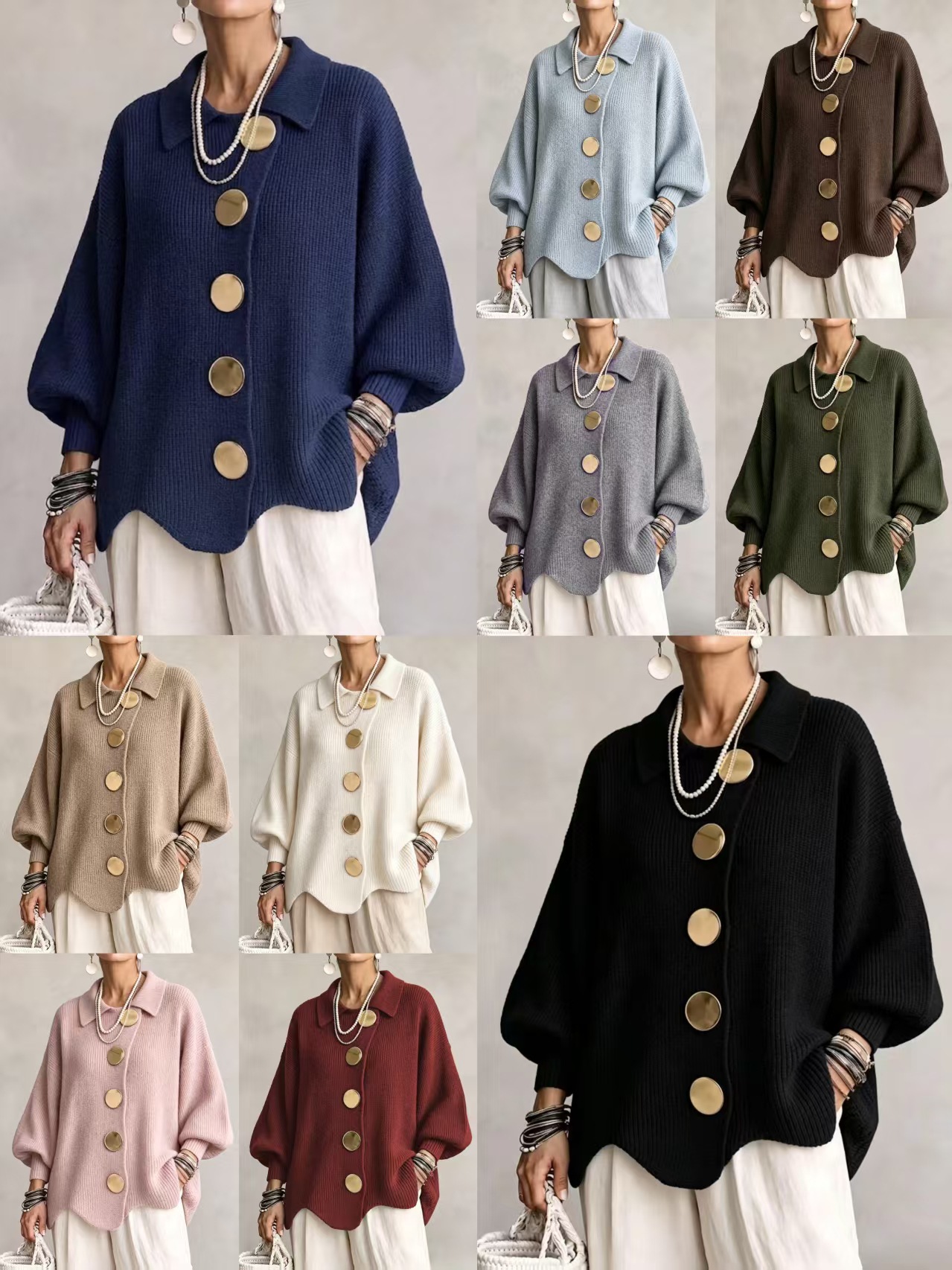 Women's knitted coat wave hem retro loose cardigan