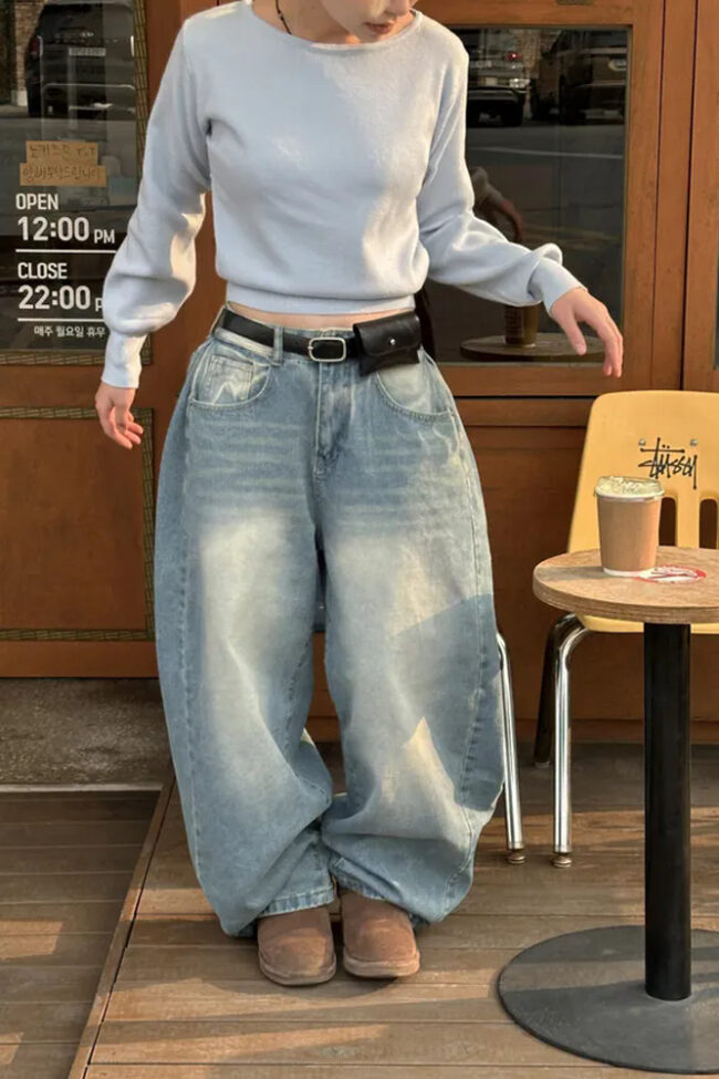 The Sylvie ‘s Retro Washed Wide Leg Buttoned Hem Denim Jeans Detail – La Rose Couture Trousers & Skirts