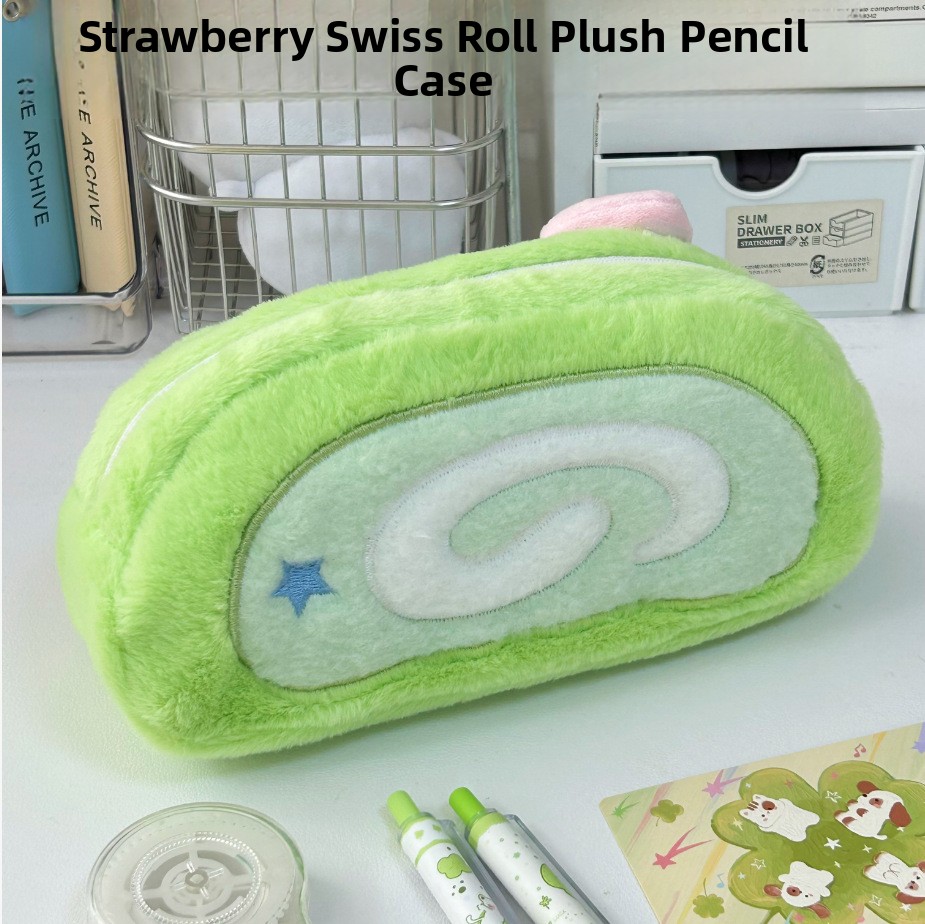 Cute Plush Swiss Roll Large Capacity Makeup Stationery Storage Pouch - Image 2