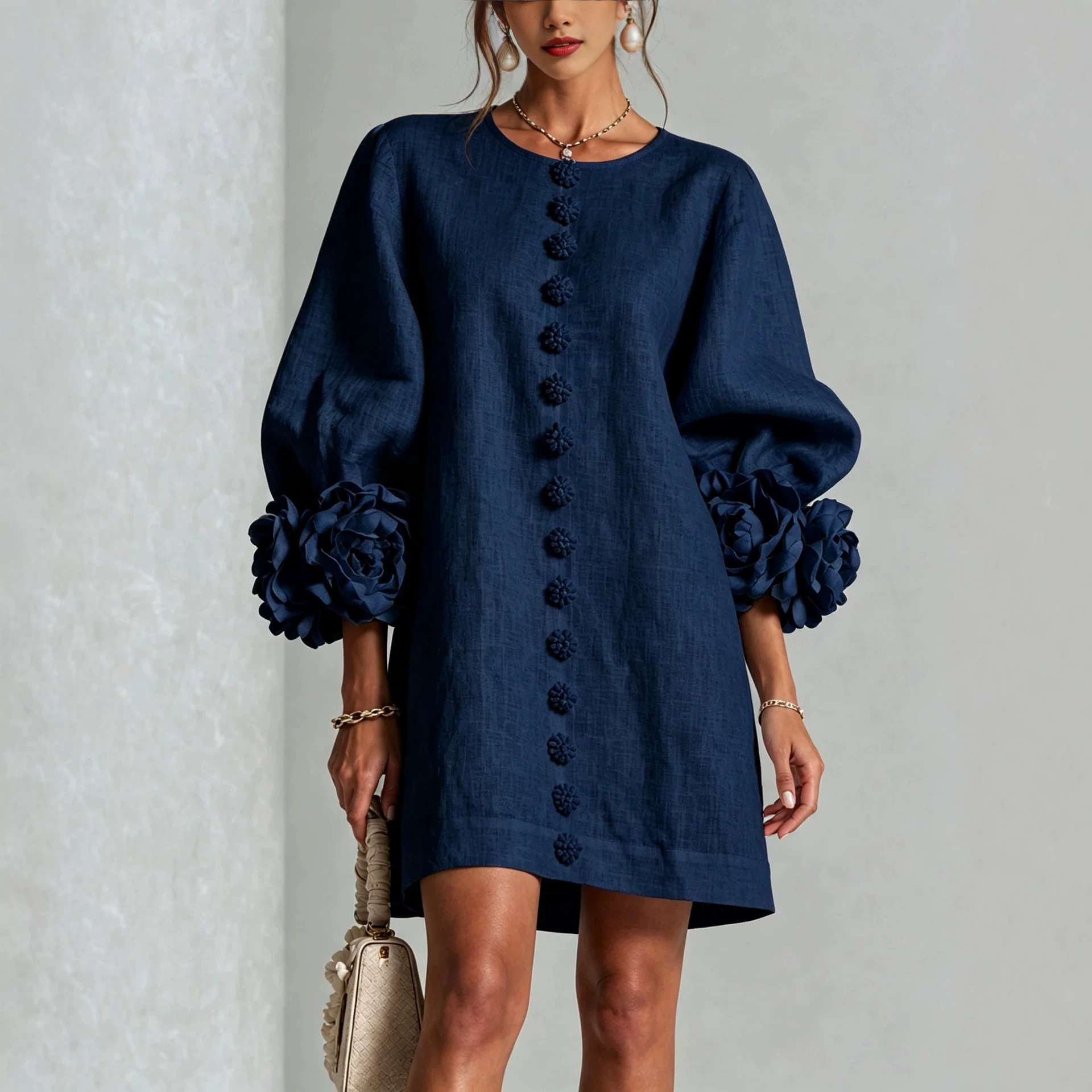 French Floral Cotton Linen A-Line Dress - Image 3