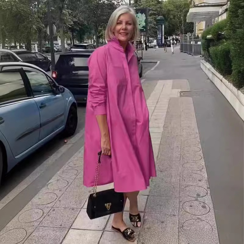 Women Loose Cotton Linen Plain Dress Bell Sleeve - Image 4
