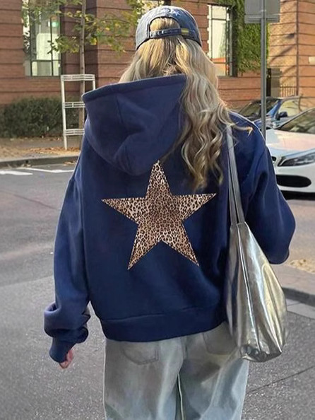 Women's Leopard Print Star Patch Fleece Hooded Sweatshirt - Image 2