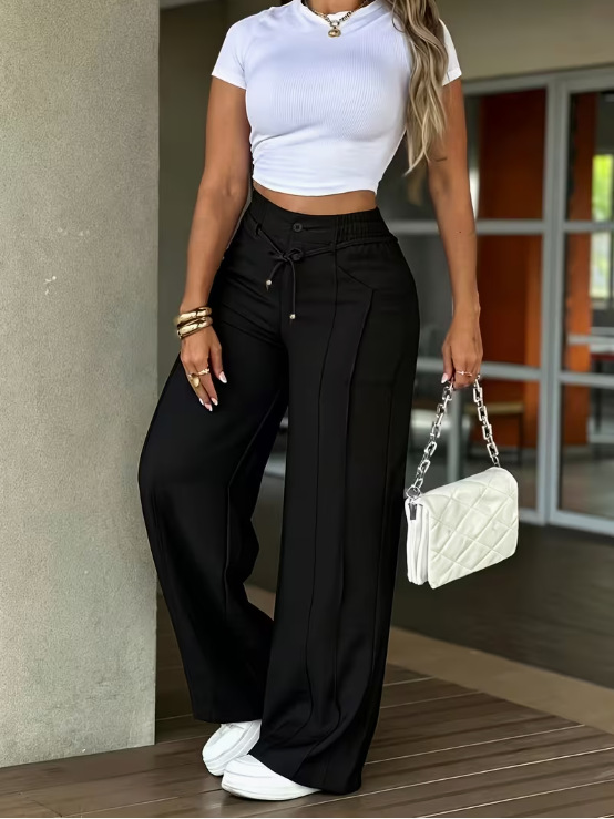 Drawstring High Waist Wide Leg Pants - Image 3