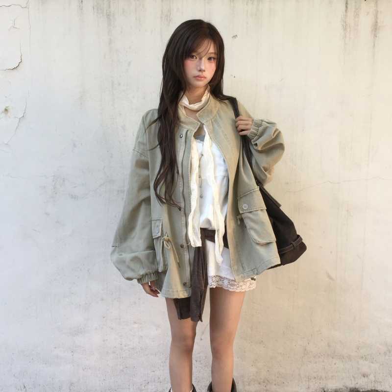 Womens Stand Collar Loose Pocket Coat - Image 3