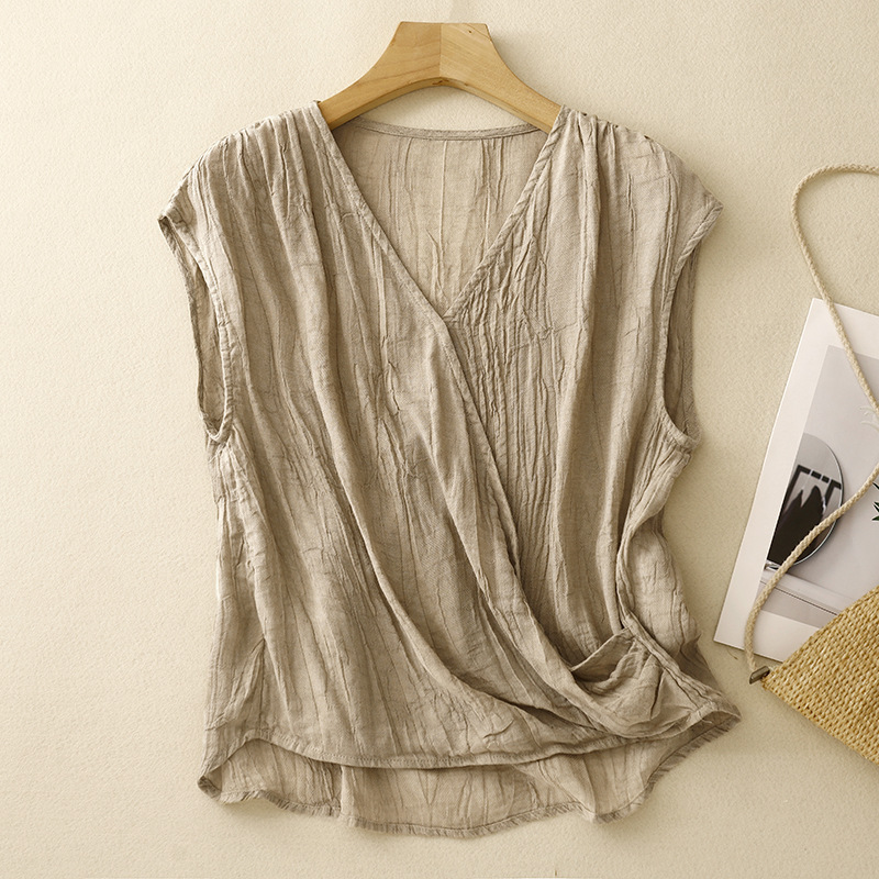 Women's Artistic Retro Sand-Washed V-Neck Patchwork Top with Flowing Sleeves